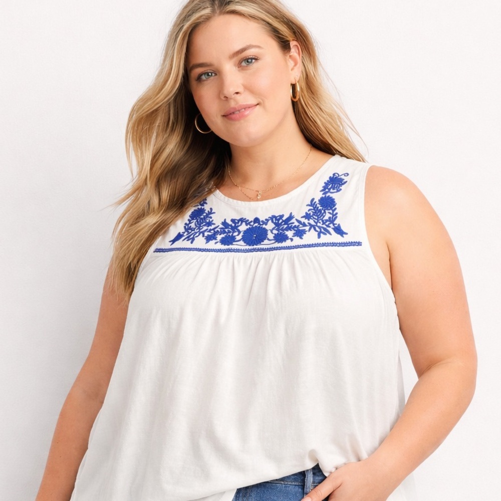 JCREW White Linen Blue Floral Embroidered Tank Top 16 Summer Picnic Coastal